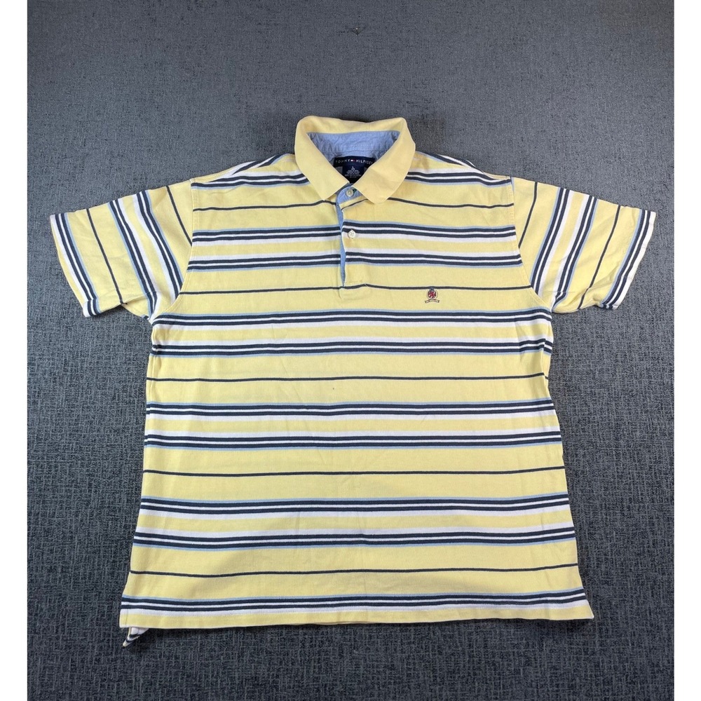 Tommy Hilfiger Mens Yellow Striped Short Sleeve‎ Pique Polo Shirt Large L Preppy